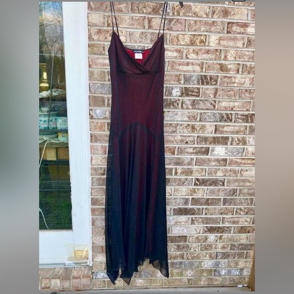 Vintage 90s Black & Red/Burgundy Mesh Overlay Sparkly Glittery Prom Dress - Picture 1 of 8